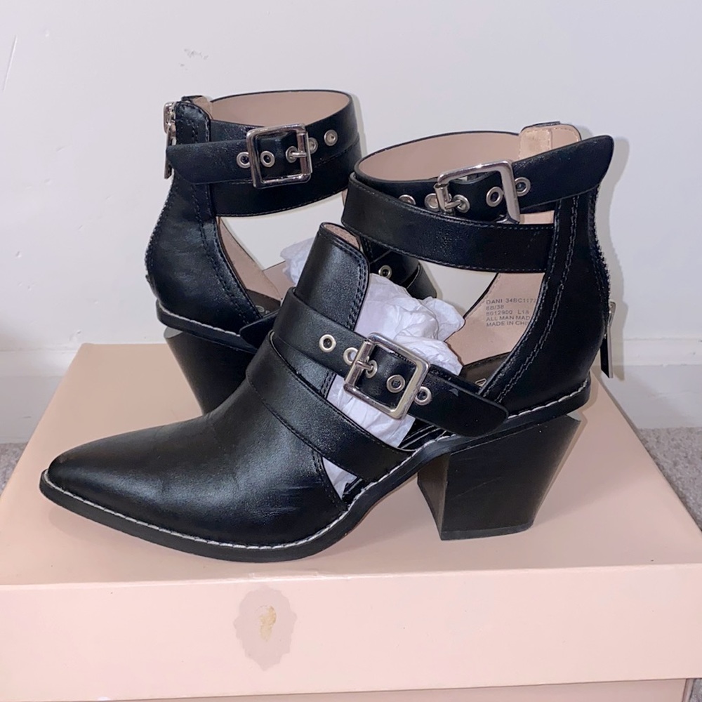 Black Buckle Cutout Ankle Booties - Women's Fashion Heels